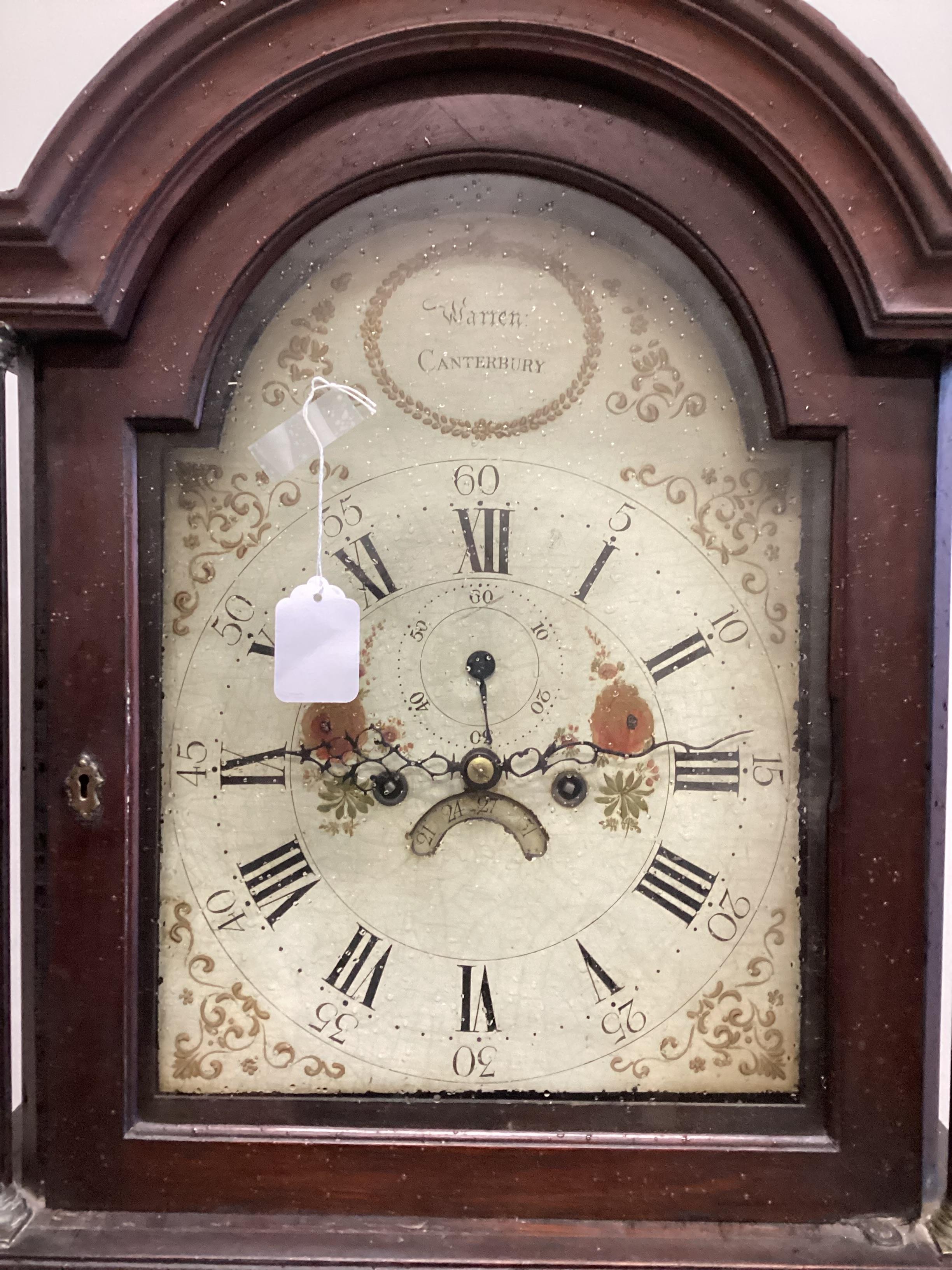 An early century mahogany longcase clock, the painted dial marked Warren, Canterbury, height 201cm